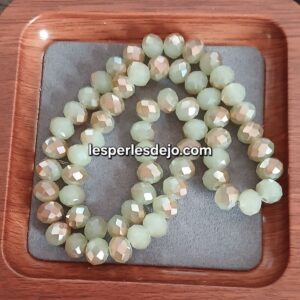 perles a facettes - verre - vert clair/doré - 8x6 mm